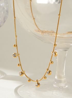 JILIFANG 4A镶钻锆石小圆珠精致个性气质蛇骨钛钢金色锁骨链项链