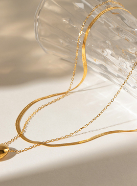 JILIFANG 欧美个性双层叠戴冷淡风ins椭圆小金球高品质吊坠项链女