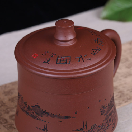 山水盖杯 高工杨礼达 宜兴紫砂杯原矿底槽青精致刻绘收藏证书保真 - 图2