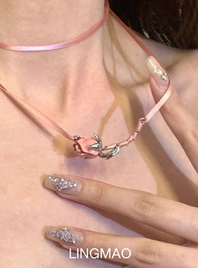 甜妹风粉玫瑰花丝带项链温柔百搭