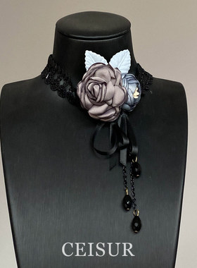 黑色蕾丝森系双花朵项圈独特漂亮