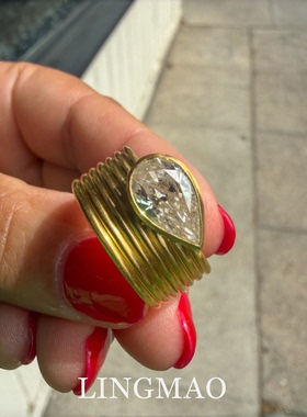复古金色螺纹梨形闪钻戒指高级感