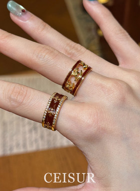 复古红色滴油鸢尾花戒指轻奢高级