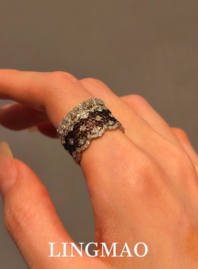 黑色镂空蕾丝宽版戒指小众高级感