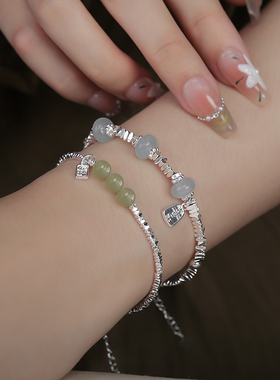 s925银福牌琉璃和田玉碎银子手链