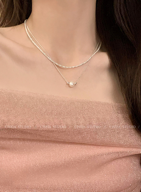 s925纯银双层叠戴珍珠项链女颈链