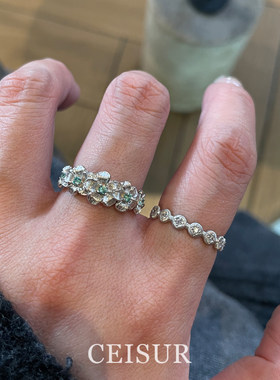 复古vintage银色拉丝花闪钻戒指