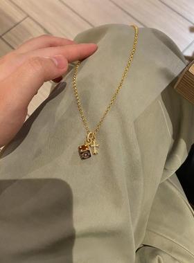 新中式金色方块骰子十字架项链女