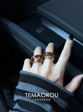 中古风焦糖琥珀素圈四件套戒指女