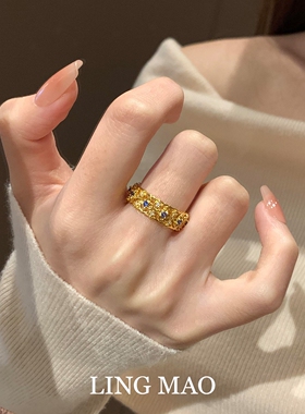 中古Vintage金色闪钻雕花戒指女