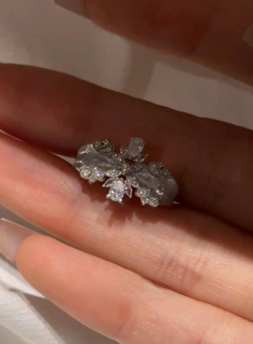 S925纯银拉丝爆闪戒指女花朵指环