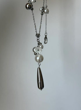 冷淡风水滴流苏花朵项链仿珍珠女