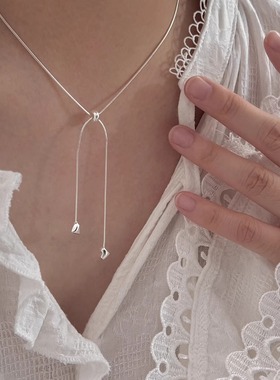 S925纯银爱心抽拉蛇骨链串珠项链