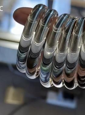 中古Vintage银色猫眼拉丝手镯女