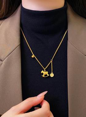 新中式金色铃铛小马福牌吊坠项链