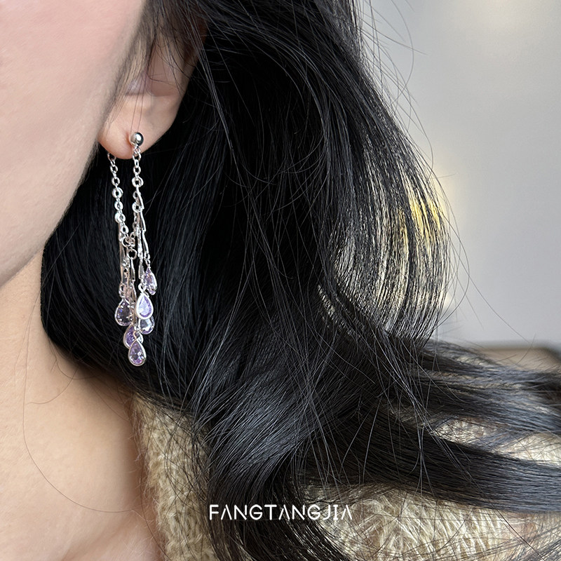 S925纯银彩色水滴锆石流苏耳环精致轻奢小众高级感灵动长款耳饰女,淘宝优惠券,粉丝福利购,淘宝优惠卷