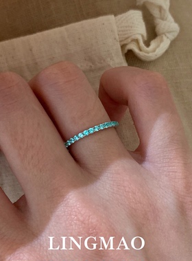 蓝色爆闪排钻戒指简约高级感轻奢