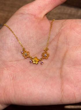 S925纯银金色镂空花朵项链女锆石