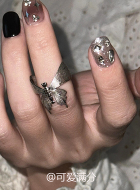 复古银色拉丝蝴蝶戒指轻奢高级感