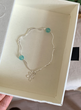 S925纯银弯管蓝水滴串珠花朵手链