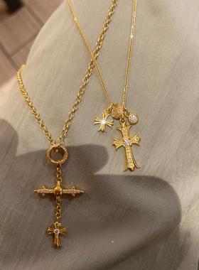 中古金色十字架吊坠细闪项链独特