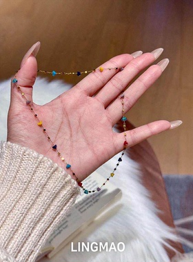 复古彩色爱心方块项链高级感轻奢