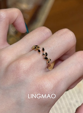 中古黑色枝叶闪钻戒指高级感轻奢