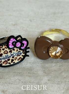 粉色豹纹kt猫蝴蝶结戒指女高级感