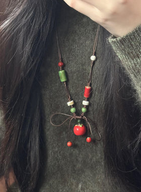 森系红苹果吊坠串珠项链简约时尚
