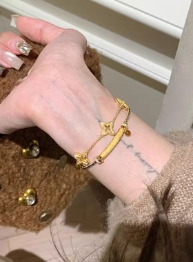 中古拉丝金色四叶草黑金编绳手链