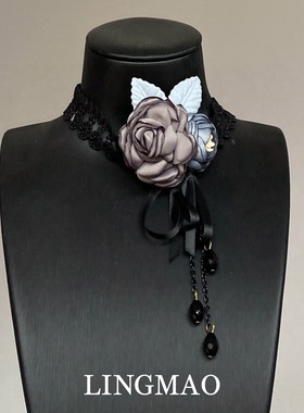 黑色蕾丝森系双花朵项圈独特漂亮