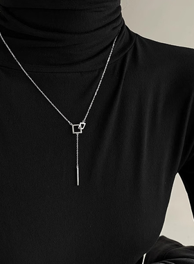 s925银独特方块项链女秋冬毛衣链