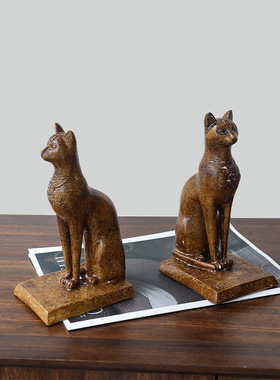 美式复古仿木色埃及猫书靠软装家居饰品客厅中古酒柜电视柜摆件