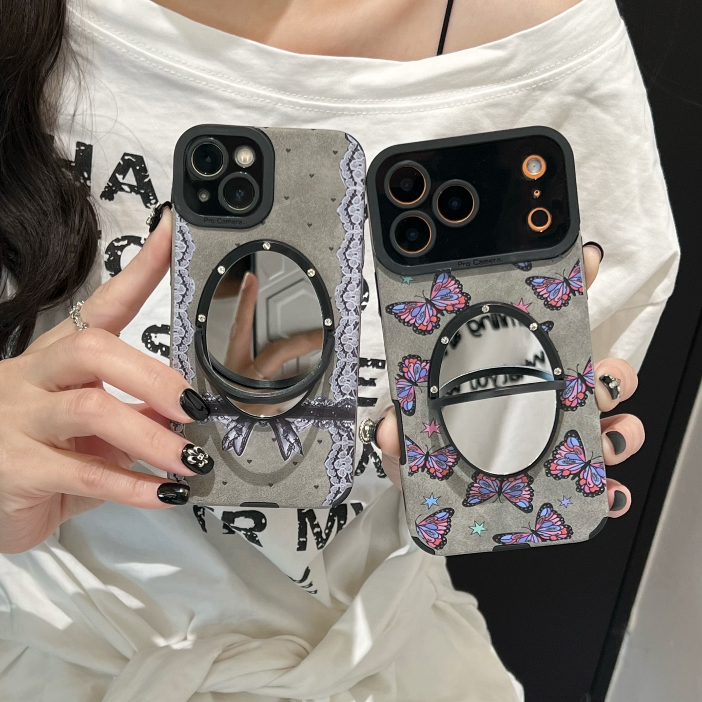 紫色大蝴蝶翻毛皮适用iphone17/16promax镜子手机壳皮质13/14苹果15pro花边蕾丝蝴蝶结保护壳灰色小羊皮全包-图3