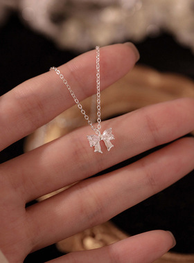 s999纯银梦幻少女蝴蝶结项链轻奢闪钻锁骨链爱心锆石项坠项饰批发