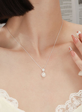 S999纯银天然淡水珍珠项链女满钻圆环吊坠轻奢简约高级感足银颈链