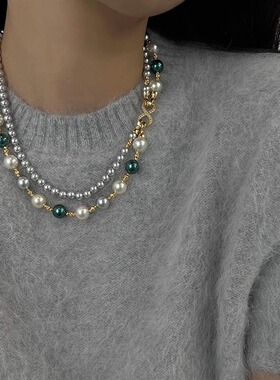 平安吉物双层秋冬混彩珍珠麻花扣项链女轻奢感小众气质网红毛衣链