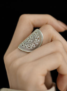 新中式足银999 苗族镂空花纹宽面戒指女复古小众民族风可调节指环