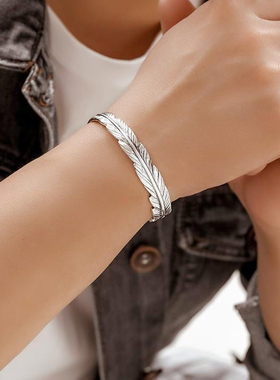 平安吉物S925纯银羽毛手镯男潮印第安复古时尚开口纯银手环银镯子