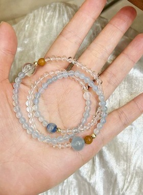 CHUNSHI·海蘭之舞 清冷感～天然海蓝宝蓝晶石白水晶三圈手链女