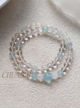 春莳.「 净池」小众天然高净度白水晶海蓝宝双圈手链手串饰品