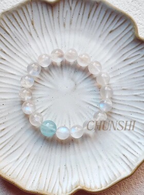 春莳「澜月」清冷感～天然蓝月光石稳定情绪海蓝宝手链手串特价