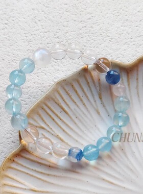 春莳「溪雨」清冷感！天然海蓝宝白水晶蓝晶石喜金水手链送女朋友