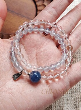春莳「蓝澈」清冷感！天然海蓝宝白水晶蓝晶石双圈手链静心手串女