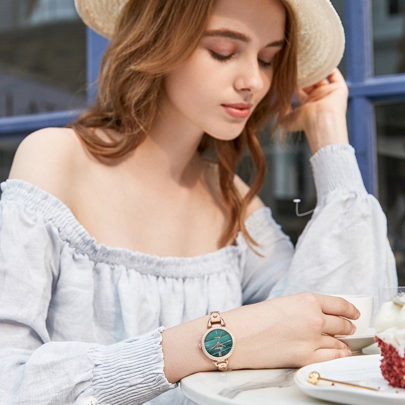 罗西尼手表女石英表正品防水皮带小绿表女士表519898