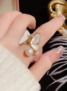 日韩时尚个性小众独特设计贝母蝴蝶珍珠开口戒女甜美小清新食指戒