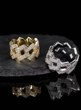 欧美嘻哈铜镶锆石古巴链戒指男士小众设计感重工几何型潮酷指环