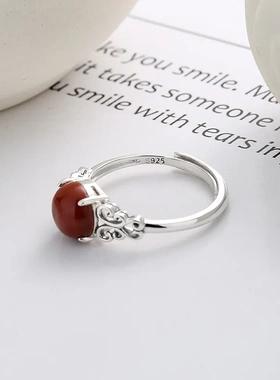 云潮轩s925纯银南红蛋面复古精致款戒指古典气质古风小众设计女