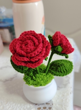 钩织玫瑰花小盆栽永生花手工花