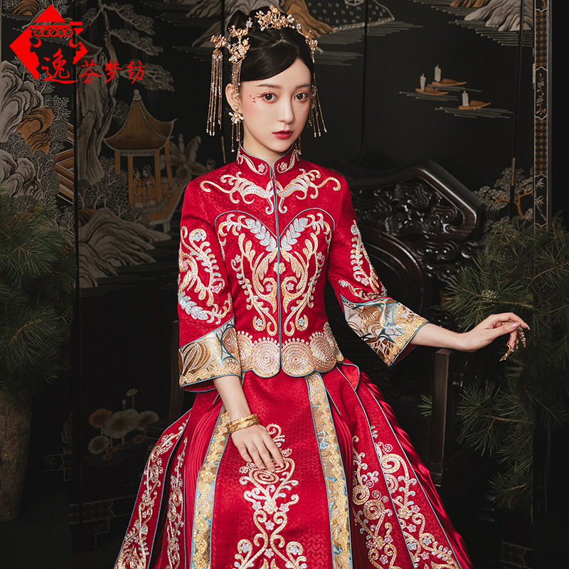 逸芬梦纺旗舰店秀禾服新娘新款盘金绣龙凤褂中国风结婚中式礼服婚纱凤冠霞帔0